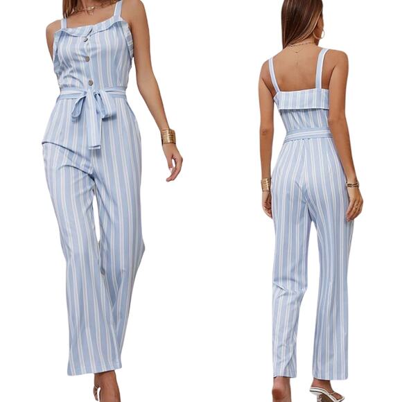 BLUSH J Striped Jumpsuit Blue White Chambray Sleeveless Belted Crop Medium EUC - Picture 10 of 10